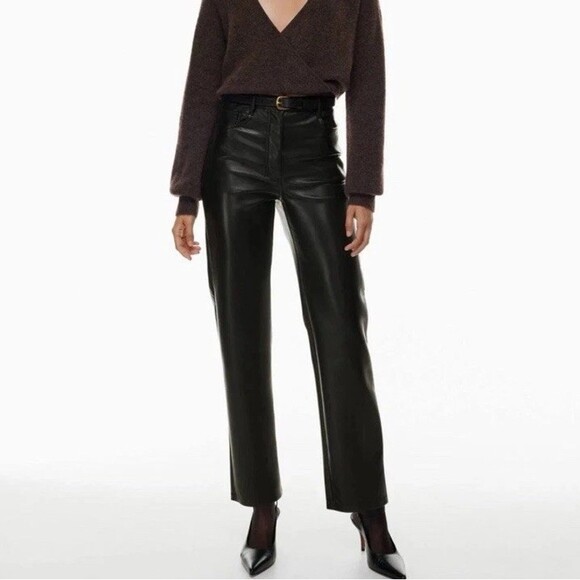 Wilfred Pants - Wilfred Black Faux Leather Straight Pants High Rise Pockets Button Zip Closure